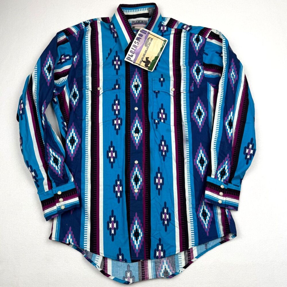 VTG 90s Plainsman Western Rodeo Shirt NWT Aztec Pearl Snap Blue L Flawed